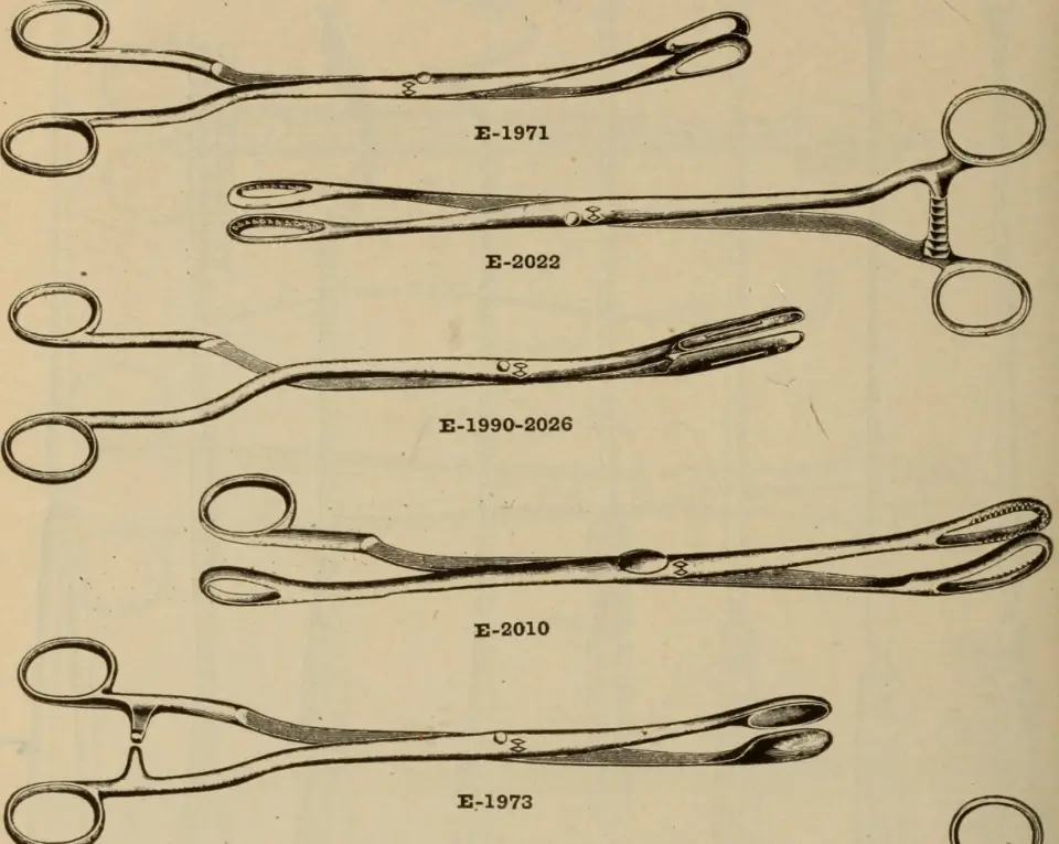 An engraved catalogue page showing five pairs of surgical forceps, each marked with a catalogue number such as E-1971 and E-2022.